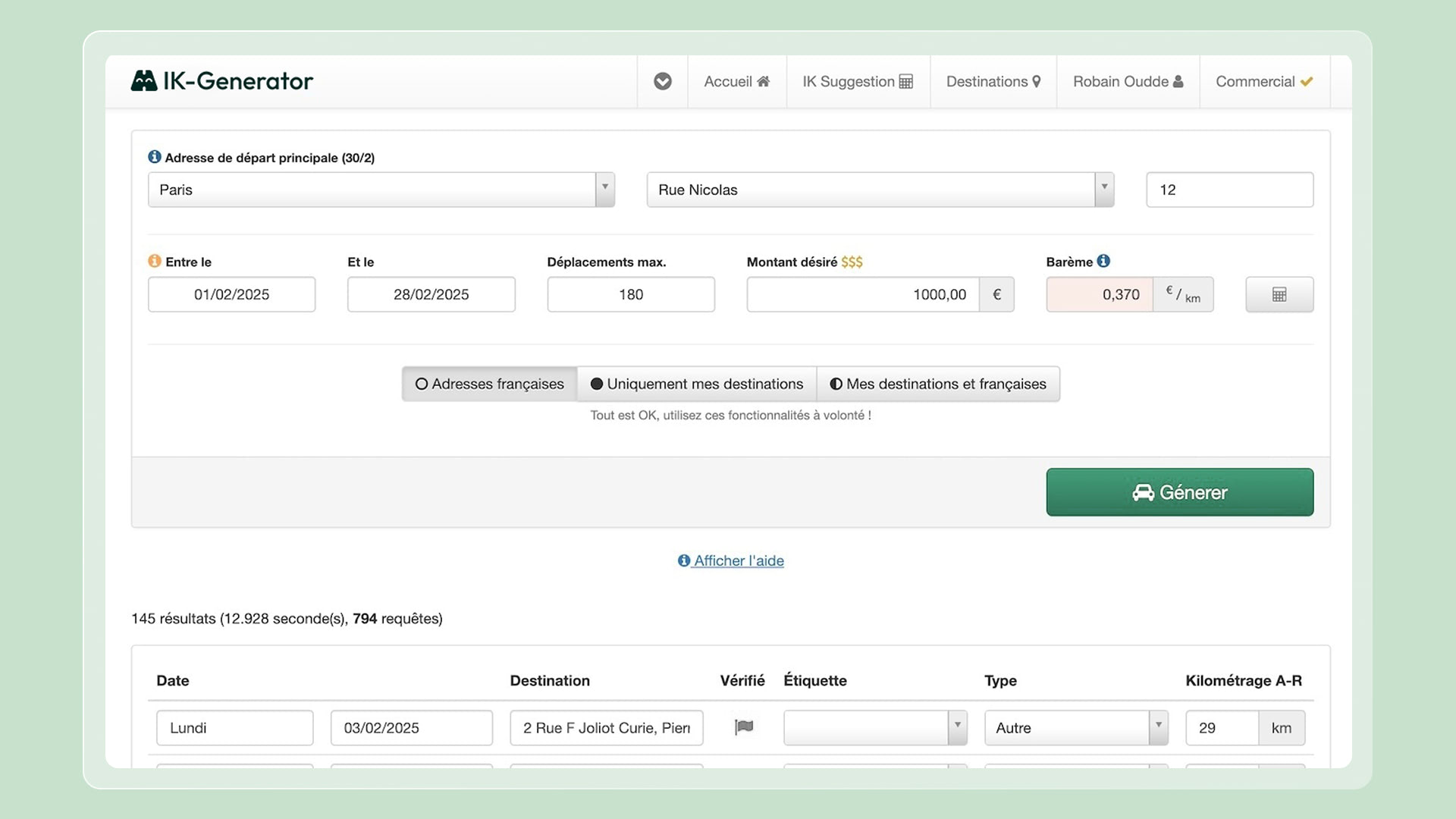 Interface de IK-Generator - Meilleure application d'indemnités kilométriques 2025 pour générer automatiquement vos IK en moins de 10 secondes
