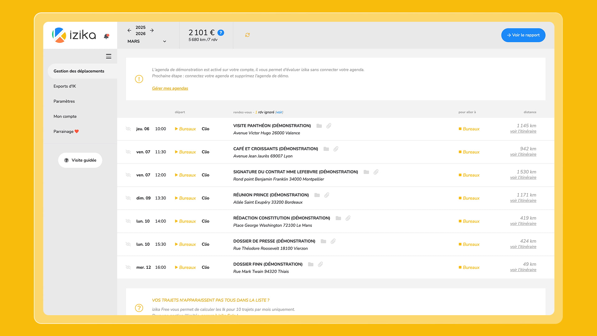 Interface de l'application Izika pour la gestion automatisée des indemnités kilométriques avec synchronisation d'agenda
