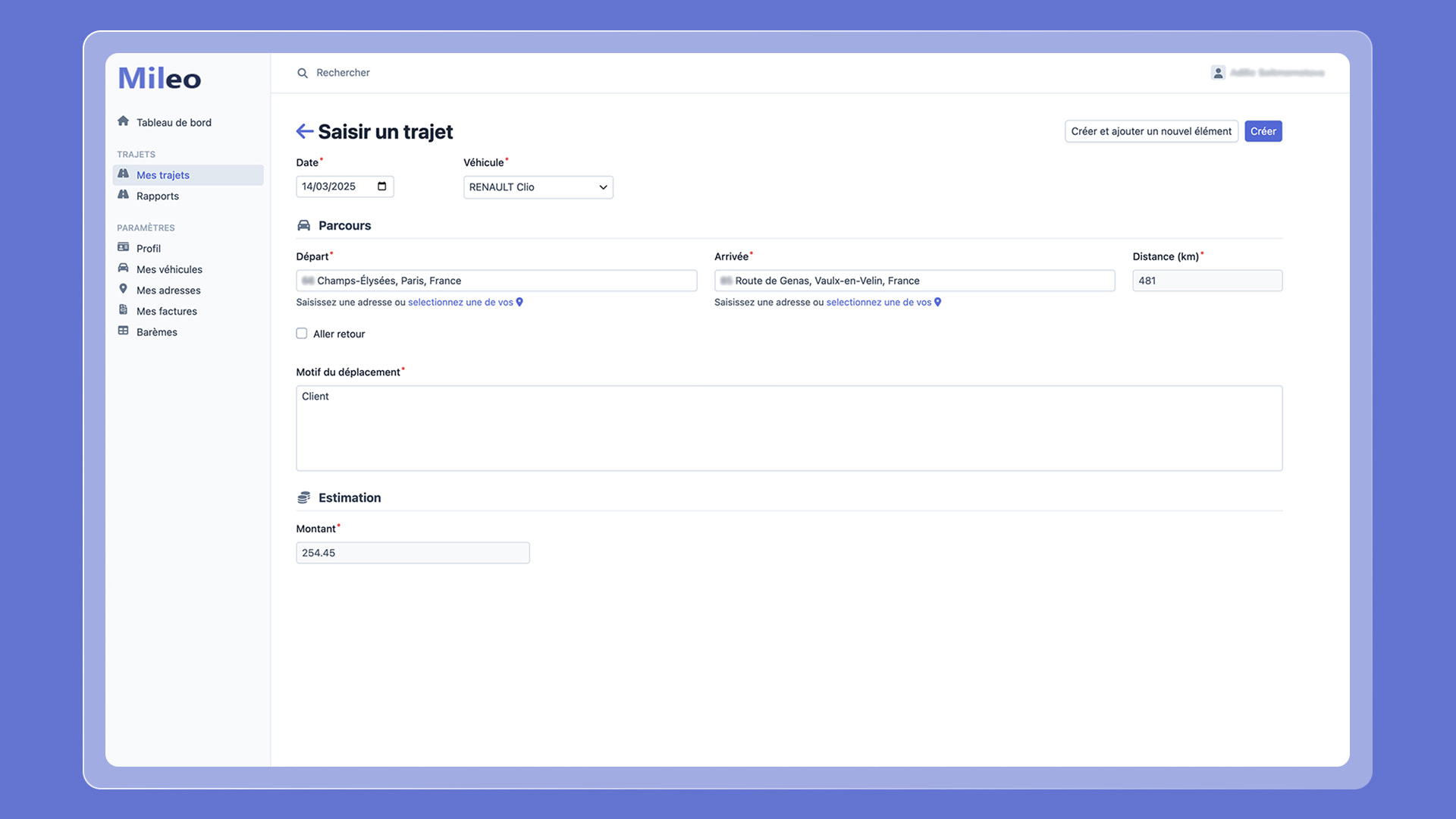 Interface utilisateur de l'application Mileo pour la gestion et le calcul des indemnités kilométriques professionnelles