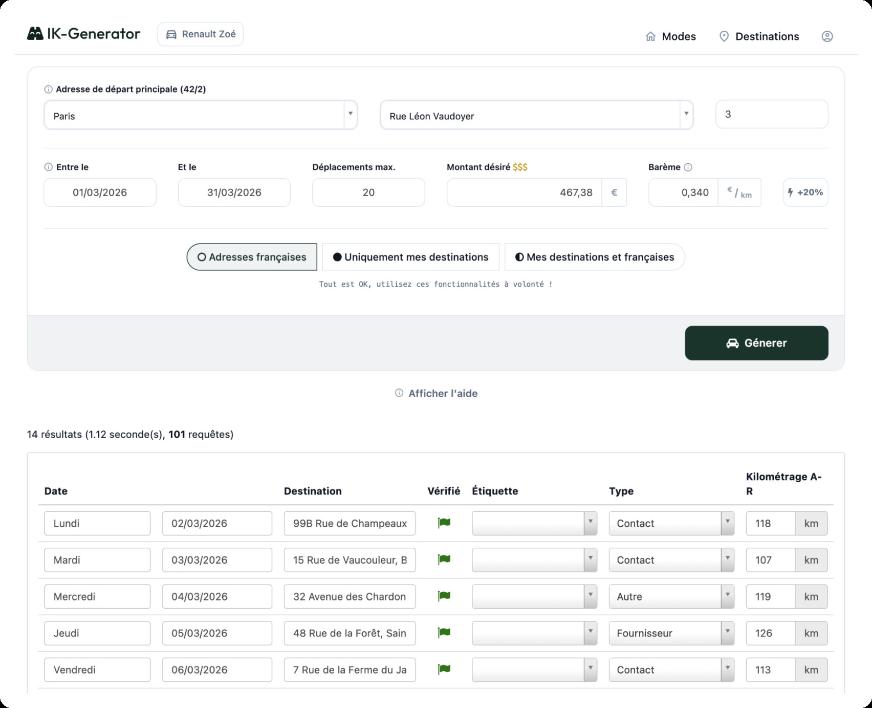 Interface IK-Generator pour calculer des indemnités kilométriques et exporter un tableau Excel